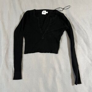 Princess Polly Ribbed Knit Crop Top Button Up V Neck Long Sleeve‎ Black Sz 2